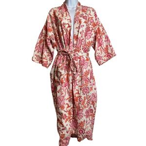 Roberta Roller Rabbit Cream Kimono Robe with Pink and Orange Floral Paisley